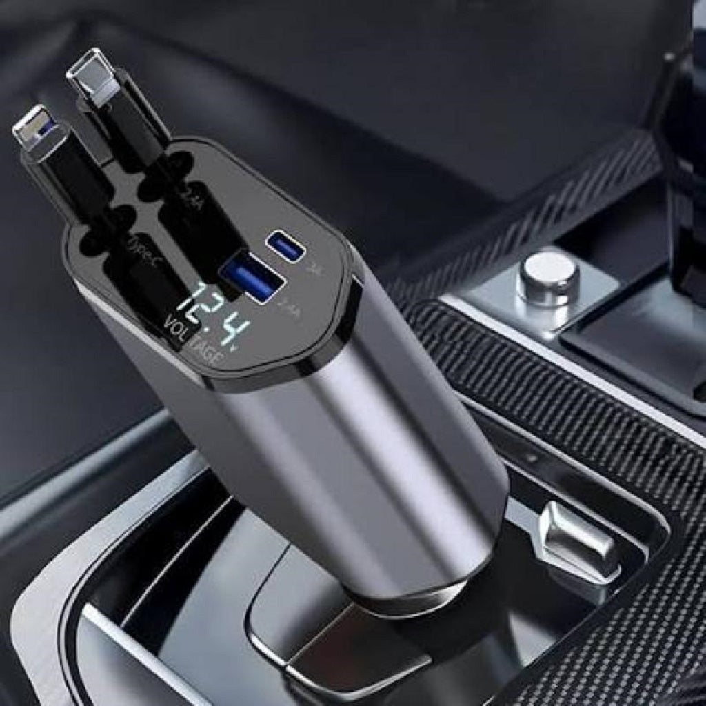 Premium 120W Fast Car Charger with Digital Voltage Display and Dual Cable (Type-C and iPhone)